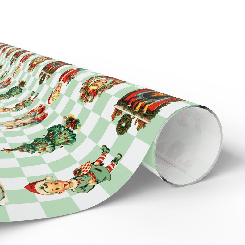 Papel de regalo navideño vintage de los años 50, rollo de papel de regalo moderno de mediados de siglo, papel de regalo navideño verde retro, papel de regalo navideño clásico. imagen 4