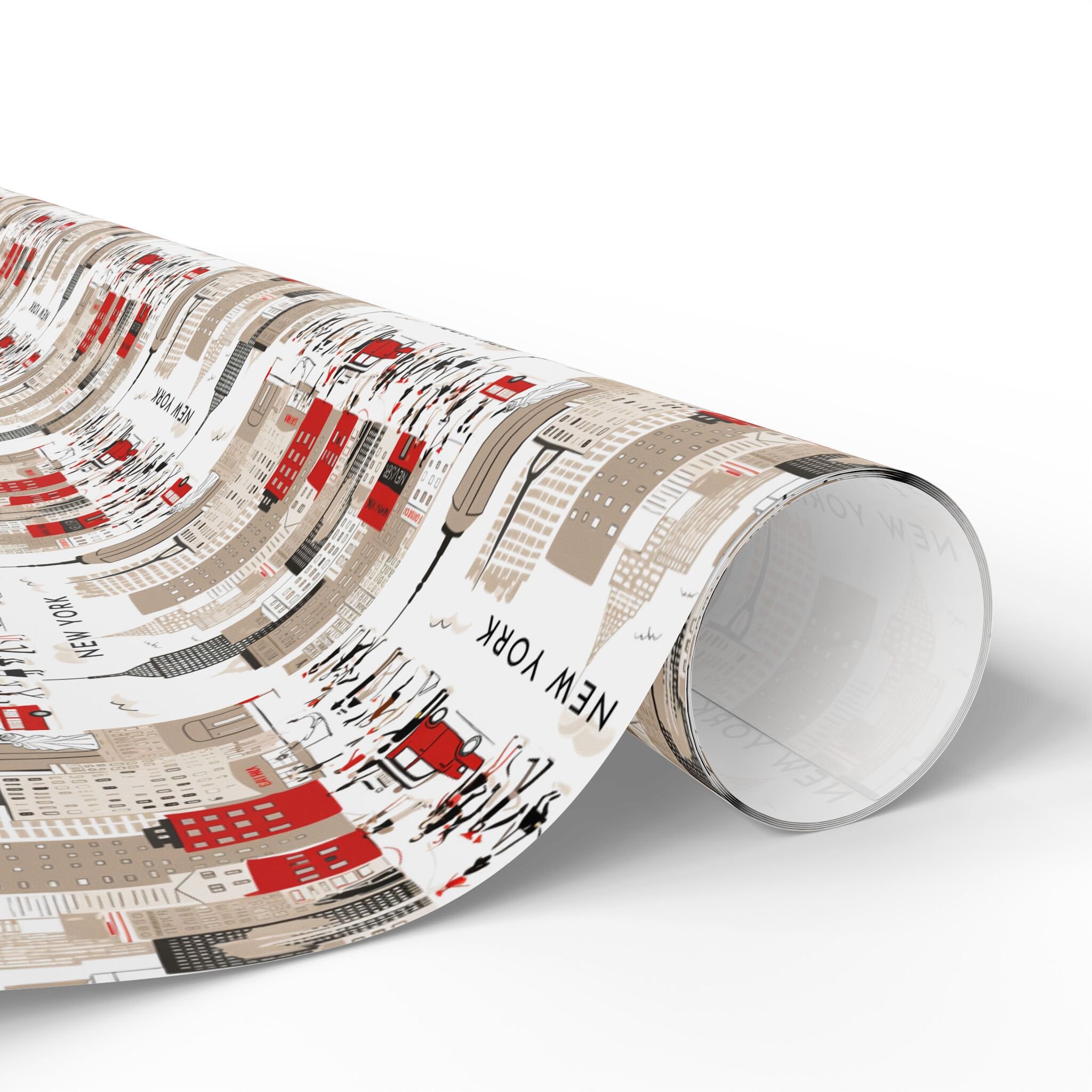 New York Themed Gift Wrap Paper - Blue & Red Lettering Design 17x16.4 Feet Mini Roll