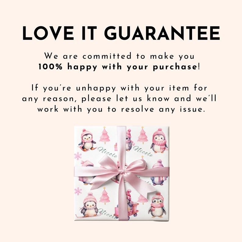 May include: A wrapped gift with a white background featuring a pattern of penguins wearing pink hats and scarves, pink Christmas trees, and snowflakes. The gift is tied with a pink satin ribbon. The text "Nicole" is printed on the wrapping paper.