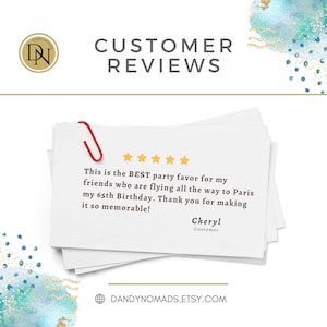 Pu&ograve; includere: Un cartoncino rettangolare bianco con una valutazione a cinque stelle e una recensione del cliente: This is the BEST party favor for my friends who are flying all the way to Paris my 65th Birthday. Thank you for making it so memorable! Cheryl Customer.