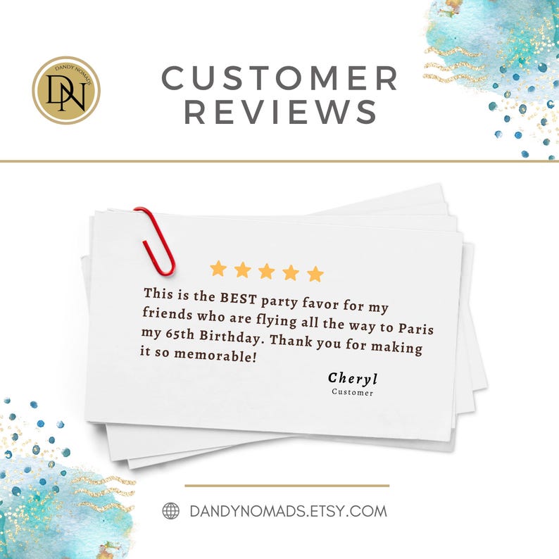 Pu&ograve; includere: Un cartoncino rettangolare bianco con una valutazione a cinque stelle e una recensione del cliente: This is the BEST party favor for my friends who are flying all the way to Paris my 65th Birthday. Thank you for making it so memorable! Cheryl Customer.