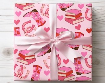 Pink Cowboy Gift Wrap, Girly Wrapping Paper for Book Lovers, Gift Wrap Valentines Day Wrapping Paper for Her Anniversary Gift Wrapping Paper