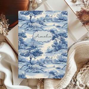 Carnet de notes personnalisé à couverture rigide, cadeau pour elle, motif toile de Jouy bleu preppy, toile chinoiserie bleue