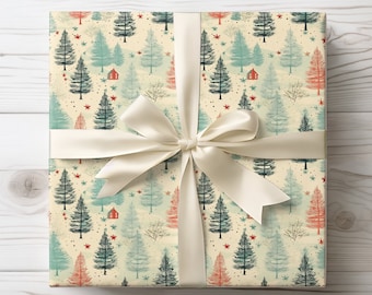 Vintage Christmas Wrapping Paper, Christmas Trees Gift Wraps, Holiday Gift Wrap Roll, Retro Christmas Wrapping Paper, Holiday Wrapping Paper