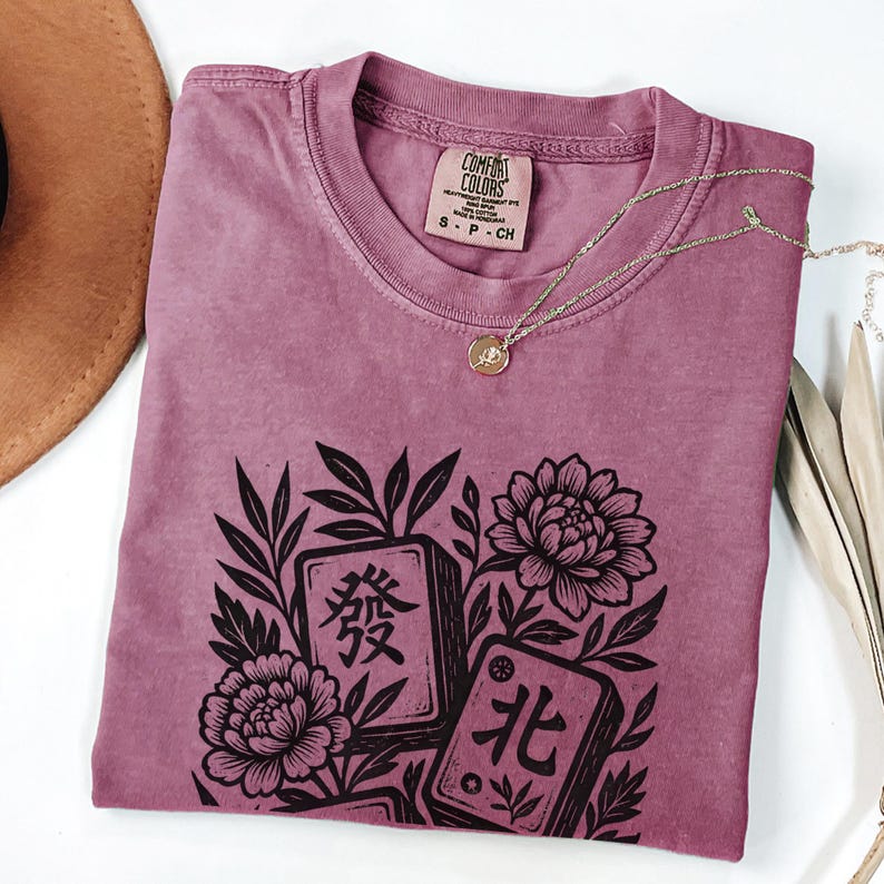 Retro Linocut Mahjong Floral Shirt, Comfort Colors® Mahj Tee, Vintage Game Night T-Shirt Berry