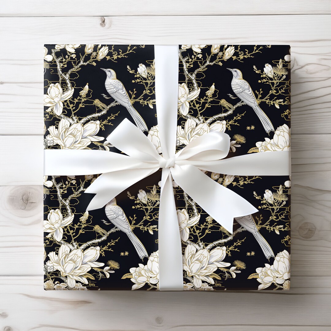 Black and White Wrapping Paper, Birds Gift Wrap Roll, Floral Wrapping ...