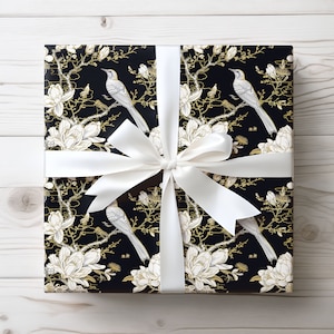 Black and White Wrapping Paper, Birds Gift Wrap Roll, Floral Wrapping Paper, Elegant Birthday Gift Wrap, Floral Wrapping Paper Christmas