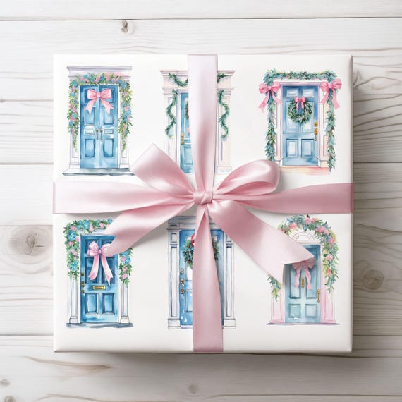 Christmas Doors Wrapping Paper, Festive Gift Wrap, Unique Wrapping Paper Rolls, Blue Wrapping Paper, Girly Christmas Gift Wrap Holiday Paper