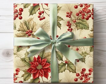 Classic Christmas Gift Wrap, Holly Wrapping Paper Rolls, Holiday Gift Wrap Traditional, Gift Wrapping Christmas, Festive Wrapping Papers