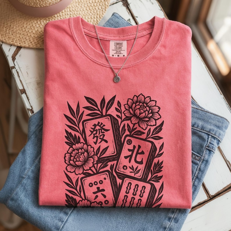 Retro Linocut Mahjong Floral Shirt, Comfort Colors® Mahj Tee, Vintage Game Night T-Shirt Watermelon