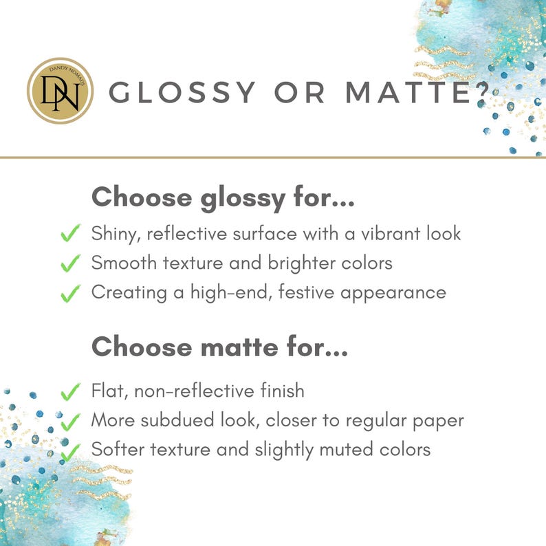 May include: Glossy or matte? A graphic with checkmarks and text describing the differences between glossy and matte finishes. Glossy finishes are shiny, reflective, and have brighter colors. Matte finishes are flat, non-reflective, and have a more subdued look.