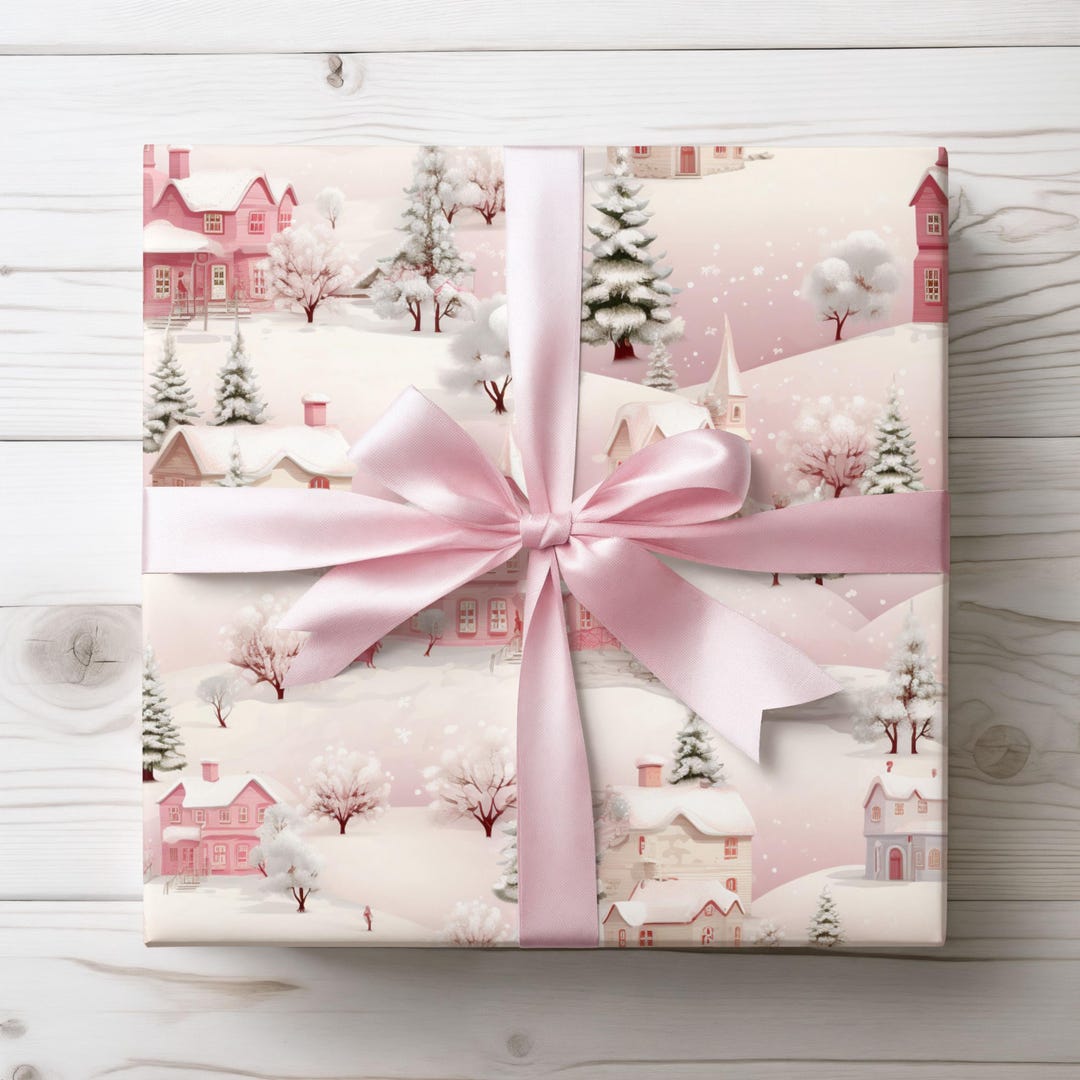 Christmas Wrapper Decor Pink Christmas Village Gift Wrapping Paper, Seasonal Gift Wrap, Pink ...
