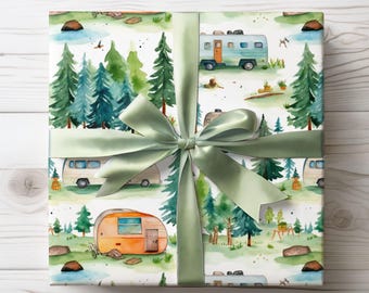 Camping Gift Wrap, Nature Themed Wrapping Paper Rolls, Watercolor Green Forest