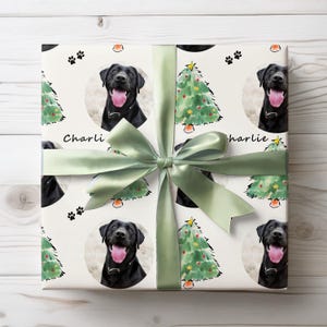 Pode incluir: Papel de embrulho branco com um padr&atilde;o repetido de um Labrador Retriever preto, &aacute;rvores de Natal e pegadas. A palavra "Charlie" est&aacute; impressa no papel. Uma fita verde clara est&aacute; amarrada ao redor do presente.