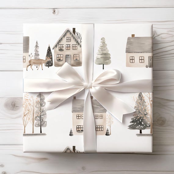 Winter Village Gift Wrap, Scandinavian Christmas Wrapping Paper, Holiday Gift Wrap, Minimalist Christmas Wrapping Paper, Cute Gift Wrap Roll