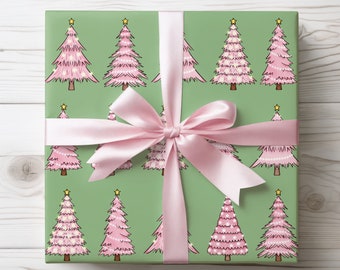 Pink Christmas Trees Wrapping Paper, Pinkmas Gift Wrap, Cute Christmas Wrapping Paper, Holiday Gift Wrap, Pink and Green Gift Wrapping Paper