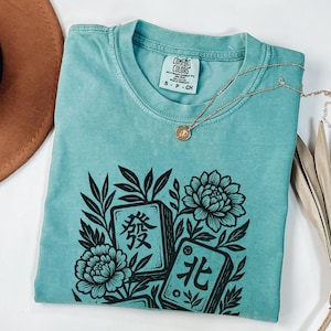 Retro Linocut Mahjong Floral Shirt, Comfort Colors® Mahj Tee, Vintage Game Night T-Shirt Seafoam