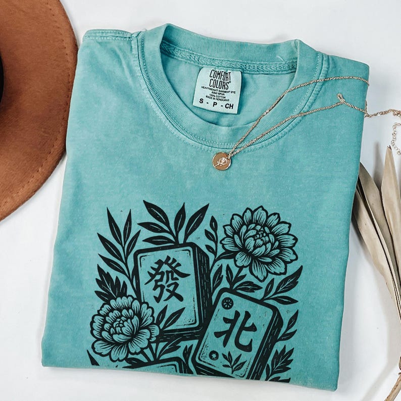 Retro Linocut Mahjong Floral Shirt, Comfort Colors® Mahj Tee, Vintage Game Night T-Shirt Seafoam