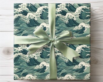 Green Gift Wrap, Japanese Waves Wrapping Paper, Great Wave Hokusai Wrapping Paper Roll, Japan Gift Wrap, Elegant Birthday Wrapping Paper