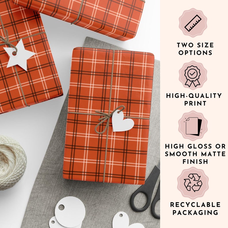 Fall Wrapping Paper, Orange Plaid Gift Wrap Holiday Wrapping Paper Fall