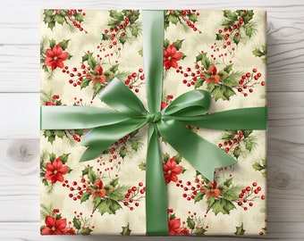 May include: A wrapped gift with a cream-colored paper featuring a pattern of red poinsettias, holly, and berries. A wide, green satin ribbon is tied in a bow around the gift, creating a festive holiday presentation.