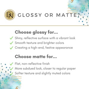 May include: An informational graphic with the text "GLOSSY OR MATTE?" and descriptions of each paper finish. Glossy is described as shiny and reflective, while matte is flat and non-reflective. The image includes a logo.
