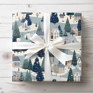 Winter Landscape Gift Wrapping Paper, Blue and White Houses Gift Wrap Roll, Christmas Wrapping Paper, Holiday Gift Wrap, Blue Wrapping Paper