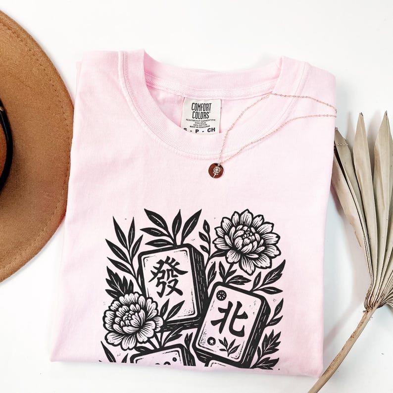 Retro Linocut Mahjong Floral Shirt, Comfort Colors® Mahj Tee, Vintage Game Night T-Shirt Blossom