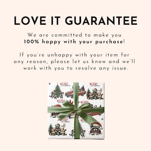 May include: A wrapped gift with a festive Christmas-themed wrapping paper featuring raccoons, Christmas trees, and red cars. The gift is tied with a green ribbon. Text on the wrapping paper reads "Merry Christmas". Above the gift is text that reads "LOVE IT GUARANTEE".