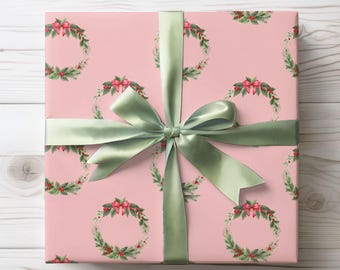Pink Christmas Wrapping Paper, Christmas Wreaths Gift Wrap for Her, Unique Wrapping Paper Rolls Girls Christmas Gift Wrap Cute Holiday Paper