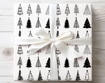 Black and White Christmas Trees Wrapping Paper, Minimalist Holiday Gift Wrap, Classic Wrapping Paper, Traditional Christmas Gift Wrap Roll