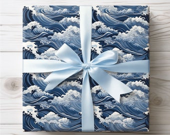 Blue Japanese Waves Gift Wrap, Great Wave Hokusai Wrapping Paper Roll, Japan Gift Wrap, Elegant Birthday Wrapping Paper, Japan Themed Gifts