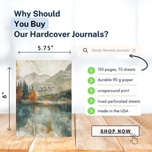 K&ouml;nnte beinhalten: Ein Hardcover-Journal mit Landschaftsmotiv, 20.3 cm hoch und 14.6 cm breit, mit Bergen, See und B&auml;umen. Das Jahr 2026 ist auf dem Einband aufgedruckt. Es hat 150 Seiten, haltbares 90 g Papier und einen Rundumdruck.