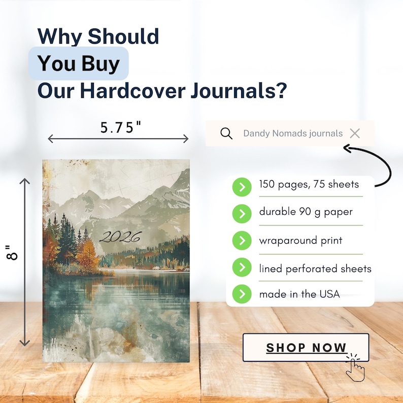 K&ouml;nnte beinhalten: Ein Hardcover-Journal mit Landschaftsmotiv, 20.3 cm hoch und 14.6 cm breit, mit Bergen, See und B&auml;umen. Das Jahr 2026 ist auf dem Einband aufgedruckt. Es hat 150 Seiten, haltbares 90 g Papier und einen Rundumdruck.