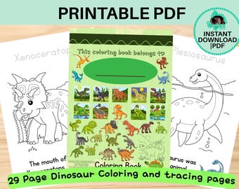 Op de afbeelding: Een printbaar PDF-kleurboek met 29 pagina's aan dinosaurusillustraties. De omslag is lichtgroen met de tekst This coloring book belongs to en bevat een raster van kleine gekleurde dinosaurusafbeeldingen en een lijn voor een naam.