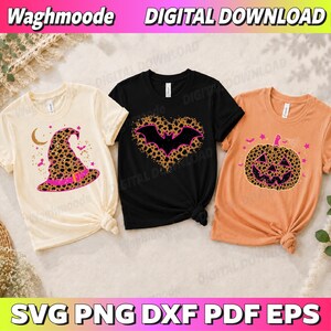 Könnte beinhalten: Drei T-Shirts mit Halloween-Motiven: ein cremefarbenes mit einem Hexenhut im Leopardenmuster, ein schwarzes mit einem Herz und einer Fledermaus im Leopardenmuster und ein orangefarbenes mit einem Kürbis im Leopardenmuster. Text: Waghmoode und DIGITAL DOWNLOAD.