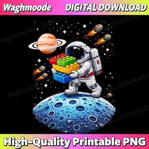 Könnte beinhalten: Ein Cartoon-Astronaut in einem weißen Raumanzug trägt bunte Bausteine auf einem blauen Planeten mit Kratern. Der Hintergrund ist eine schwarze Weltraumszene mit einem Planeten und Sternschnuppen. Der Text oben lautet "DIGITAL DOWNLOAD" und unten "High-Quality Printable PNG".