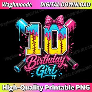Könnte beinhalten: Digitaler Download-Grafik für einen zehnten Geburtstag. Das Design zeigt die Zahl 10 in Gelb, Blau und Pink, mit Baseballschläger-Akzenten und den Worten "Birthday Girl". Das Bild ist auf schwarzem Hintergrund.