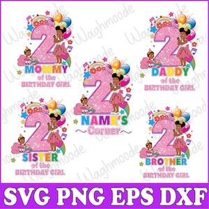 May include: Five pink and glittery number two designs with different text overlays. The text includes "Mommy of the Birthday Girl", "Daddy of the Birthday Girl", "Sister of the Birthday Girl", "Brother of the Birthday Girl", and "Name's Corner".