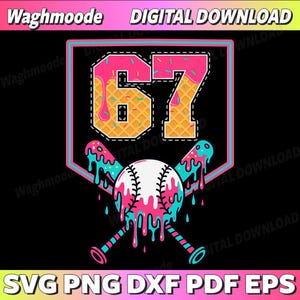 Könnte beinhalten: Ein digitaler Download-Grafik mit Baseball-Thema. Das Design zeigt die Zahl "67" in einer Waffel-ähnlichen Schriftart mit rosa Zuckerguss und Streuseln. Ein Baseball mit tropfendem rosa und blauem Eis sitzt über gekreuzten Schlägern. Der Hintergrund ist schwarz.