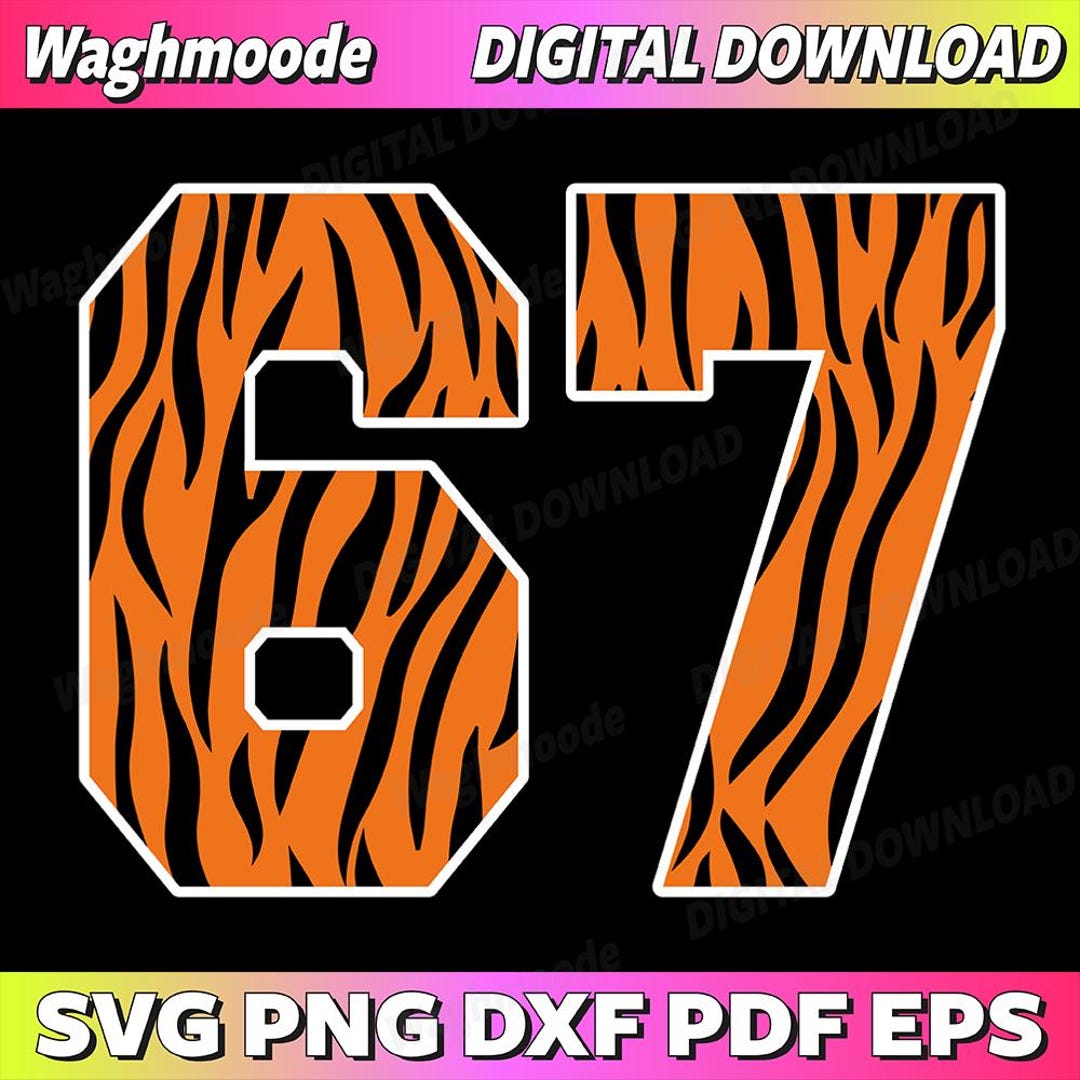 Number 67 in Orange Tiger Print Fanwear Sports Jersey Player Svg