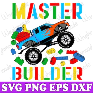 May include: A blue monster truck with a red, yellow, green, and blue "MASTER BUILDER" text above it. The truck is carrying a pile of colourful toy building blocks.