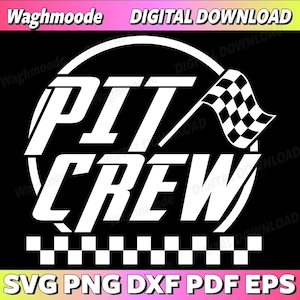 Może przedstawiać: Czarny cyfrowy grafika do pobrania z napisem "PIT CREW" w białym kolorze, szachownicą i szachownicą. Słowa "SVG PNG DXF PDF EPS" znajdują się na dole. Na górze obrazu widnieje napis "Waghmoode DIGITAL DOWNLOAD".