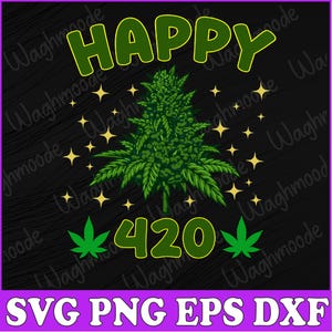 Könnte beinhalten: Grünes Marihuana-Blatt-Design mit dem Wort "HAPPY" darüber und "420" darunter. Das Design ist von kleinen gelben Sternen auf schwarzem Hintergrund umgeben.