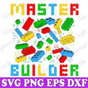 May include: A colorful design featuring the words "MASTER BUILDER" in a playful font. The design is made up of various colored toy building blocks, resembling LEGO bricks.