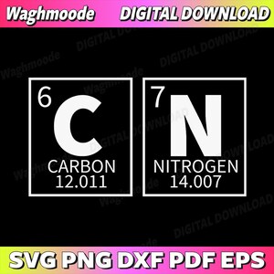 Könnte beinhalten: Schwarz-weiße digitale Download-Grafik mit den Elementen Kohlenstoff und Stickstoff aus dem Periodensystem. Jedes Element befindet sich in einem Quadrat mit seinem Symbol, seiner Ordnungszahl und seinem Gewicht. Der Text "SVG PNG DXF PDF EPS" ist enthalten.