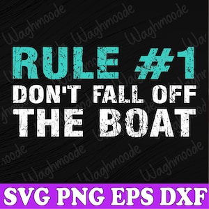Könnte beinhalten: Eine weiße Grafik mit Verwitterungseffekt auf schwarzem Hintergrund mit dem Text "RULE #1 DON'T FALL OFF THE BOAT". Der Text "RULE #1" ist türkisfarben.