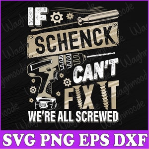 Könnte beinhalten: Ein schwarz-weißes Grafikdesign mit dem Text "If Schenck Can't Fix It We're All Screwed". Das Design zeigt eine Bohrmaschine, Schrauben und Zahnräder.