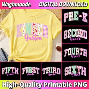 Könnte beinhalten: Ein gelbes T-Shirt mit dem Text Kindergarten in einer gemusterten Schriftart mit Herzen und Blumen. Das Bild zeigt auch digitale Download-Designs für Pre-K, First, Second, Third, Fourth, Fifth und Sixth Grade in passenden Stilen.