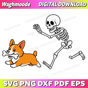 May include: A digital download graphic featuring a cartoon corgi dog running with a bone in its mouth, chased by a running skeleton. The image has the text "DIGITAL DOWNLOAD" and "SVG PNG DXF PDF EPS".